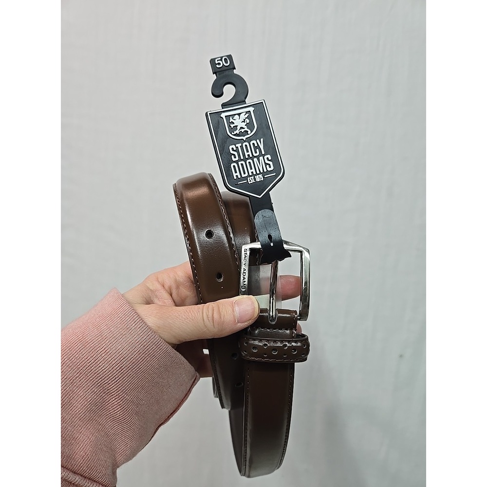 Brand New Stacy Adams Men's 50" Solid Brown Leather Belt Gray Silver